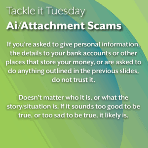 An image on a green background. The text reads: "If you’re asked to give personal information, the details to your bank accounts or other places that store your money, or are asked to do anything outlined in the previous slides, do not trust it. Doesn’t matter who it is, or what the story/situation is. If it sounds too good to be true, or too sad to be true, it likely is."