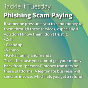 An image on a green background. The text reads: "Tackle it Tuesday: Phishing Scam Paying If someone pressures you to send money to them through these services, especially if you don’t know them, don’t trust it. Zelle CashApp Venmo PayPal family and friends This is because you cannot get your money back from “personal” money transfers on these platforms. A legitimate business will send an invoice, which lets you get a refund."