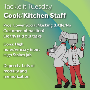 An image on a green background. On the right is a person in a pair of people in red and white chef's uniforms. One is holding a rubber spatula, and the other is mixing in a bowl The text reads: "Tackle it Tuesday: Cook/Kitchen Staff Pros: Lower Social Masking (Little/No Customer interaction) Clearly laid out tasks Cons: High noise/sensory input High Stakes job Depends: Lots of mobility and memorization"